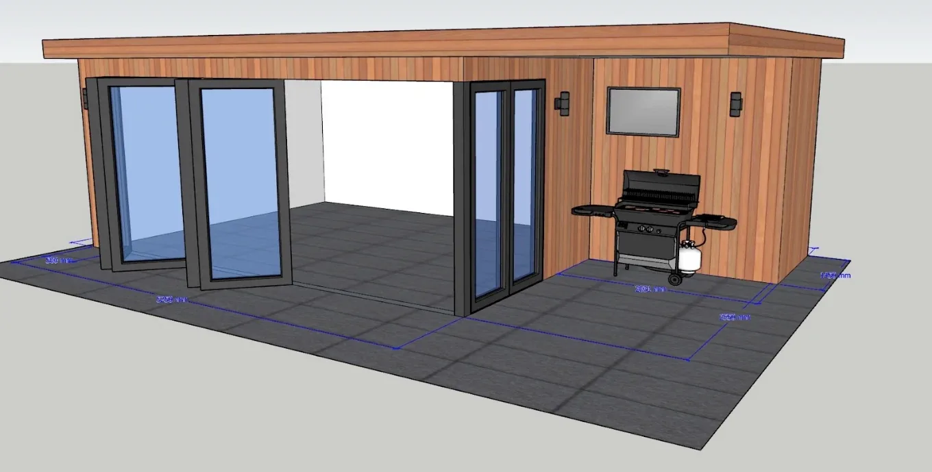 A 3D design render of a cedar garden room with bi-fold doors, open-sided terrace and BBQ area, with dimensions marked.
