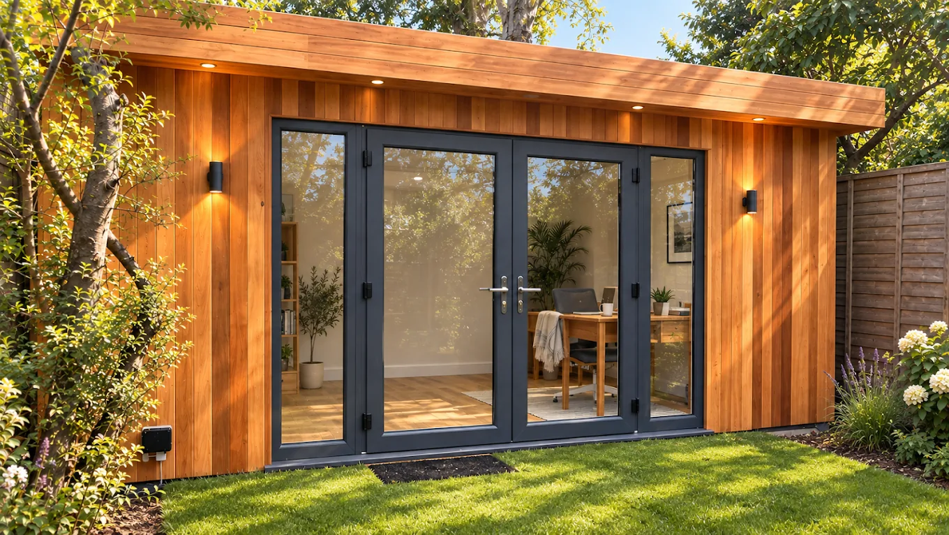 A finished cedar garden office with anthracite French doors, ready for handover.