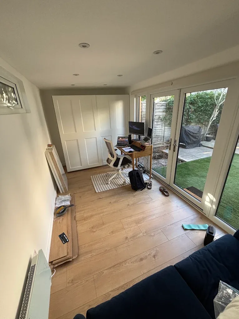 A finished garden office interior.